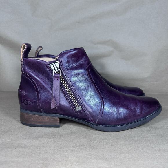 UGG Women Sz 8.5 Aureo Leather Zippered Ankle Bootie Almond Toe Burgundy Purple - Picture 2 of 10